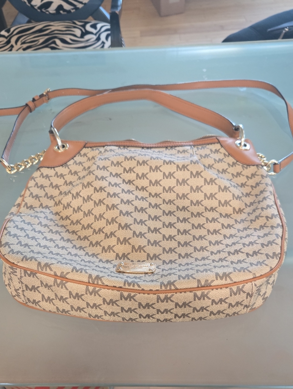 Michael Kors Beige MK Monogram Shoulder Bag with Tan Trim